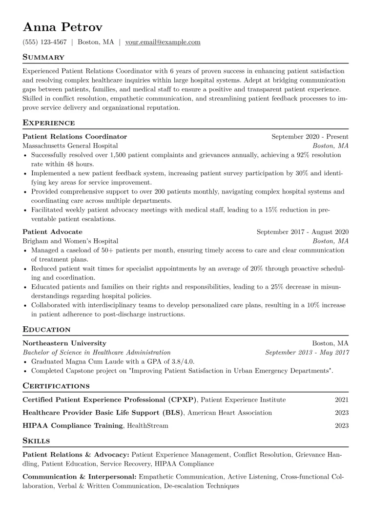 Patient Relations Coordinator Resume Example CV template preview