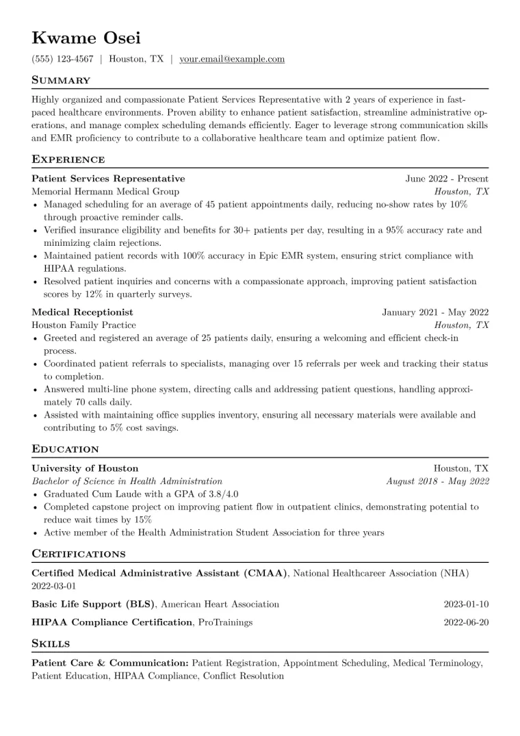 Patient Services Representative Resume Example CV template preview