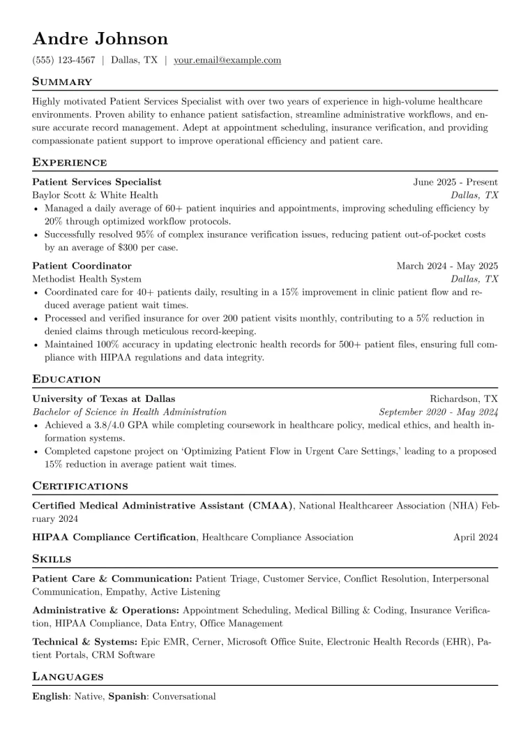 Patient Services Specialist Resume Example CV template preview