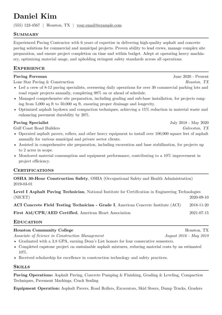 Paving Contractor Resume Example CV template preview