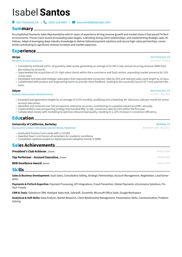 Payments Sales Representative Resume Example CV template preview