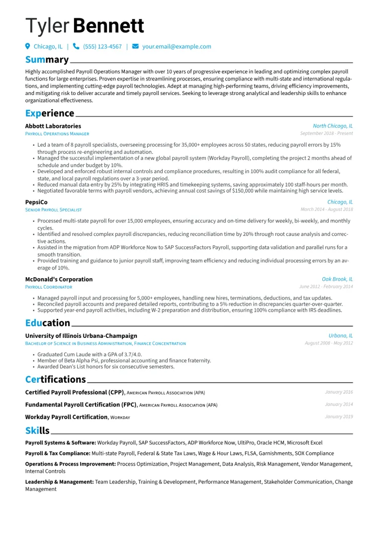 Payroll Operations Manager Resume Example CV template preview