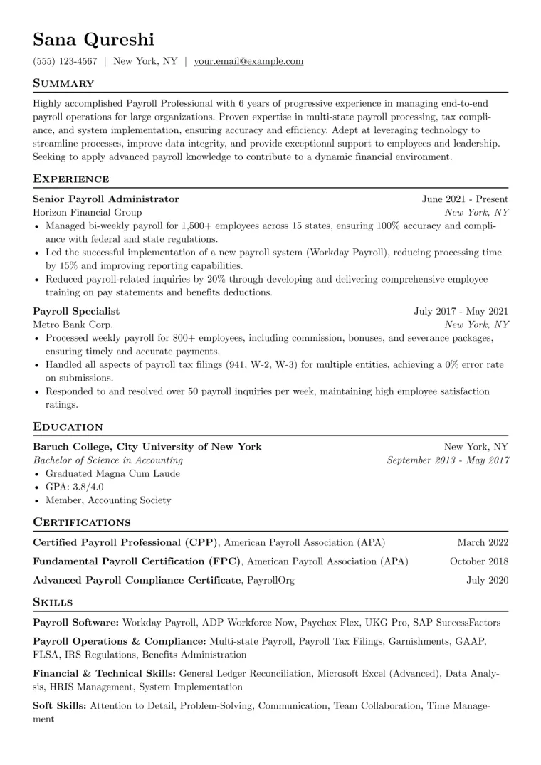 Payroll Resume Example CV template preview