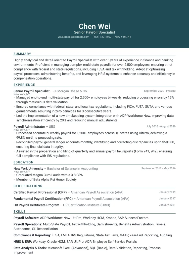 Payroll Specialist Resume Example CV template preview