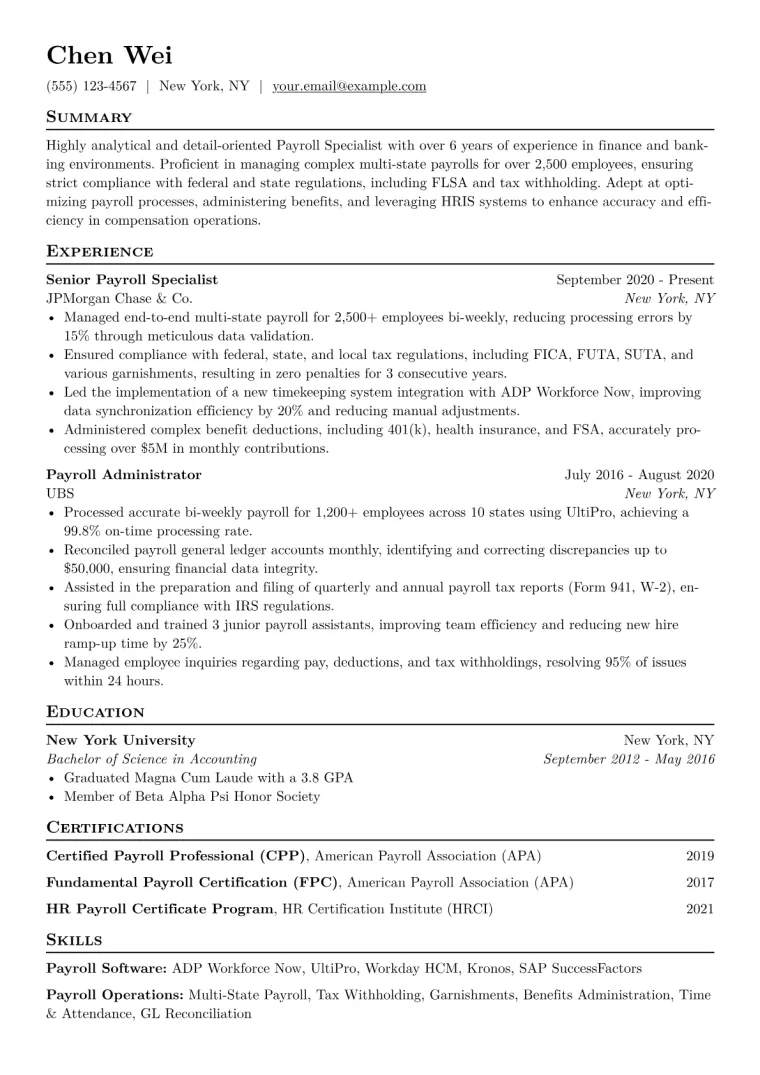 Payroll Specialist Resume Example CV template preview