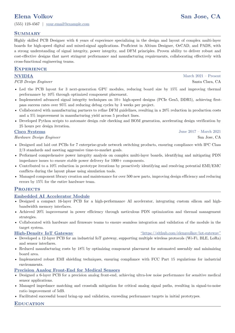 PCB Designer Resume Example CV template preview