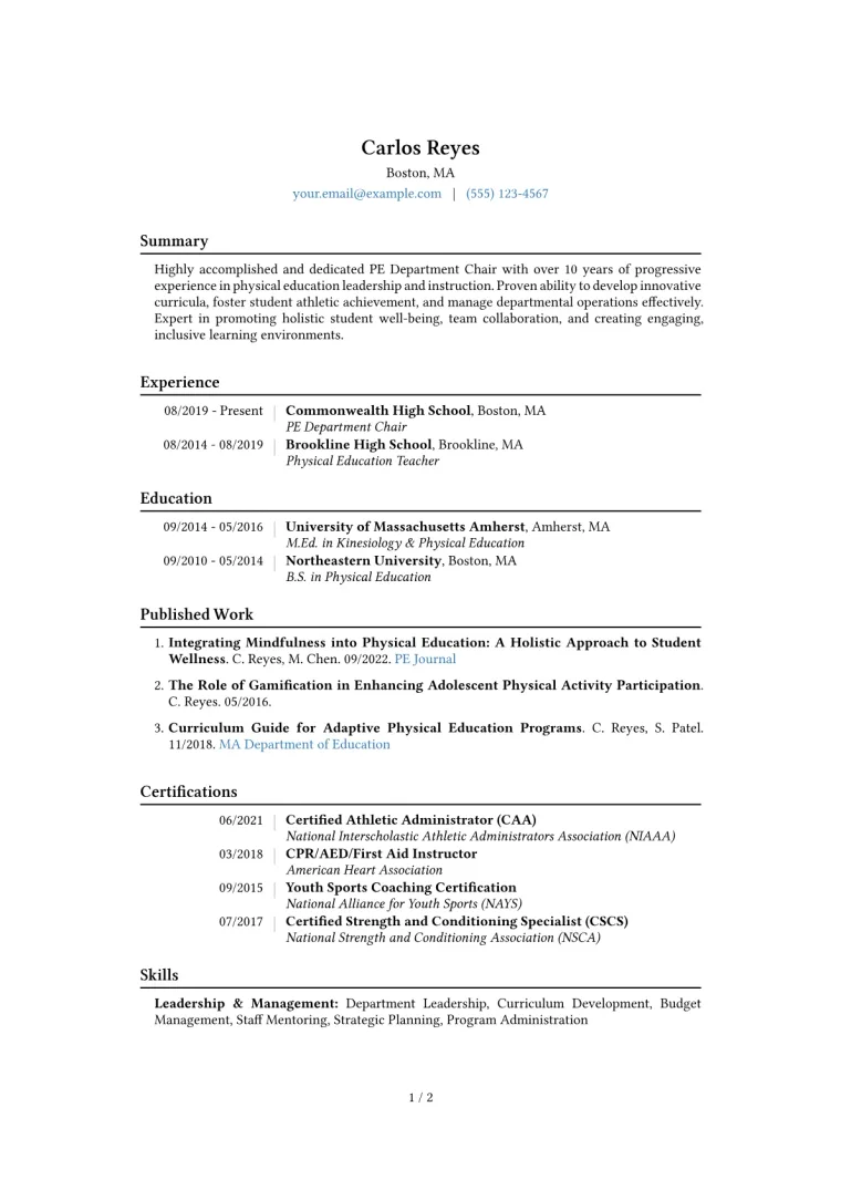 PE Department Chair Resume Example CV template preview