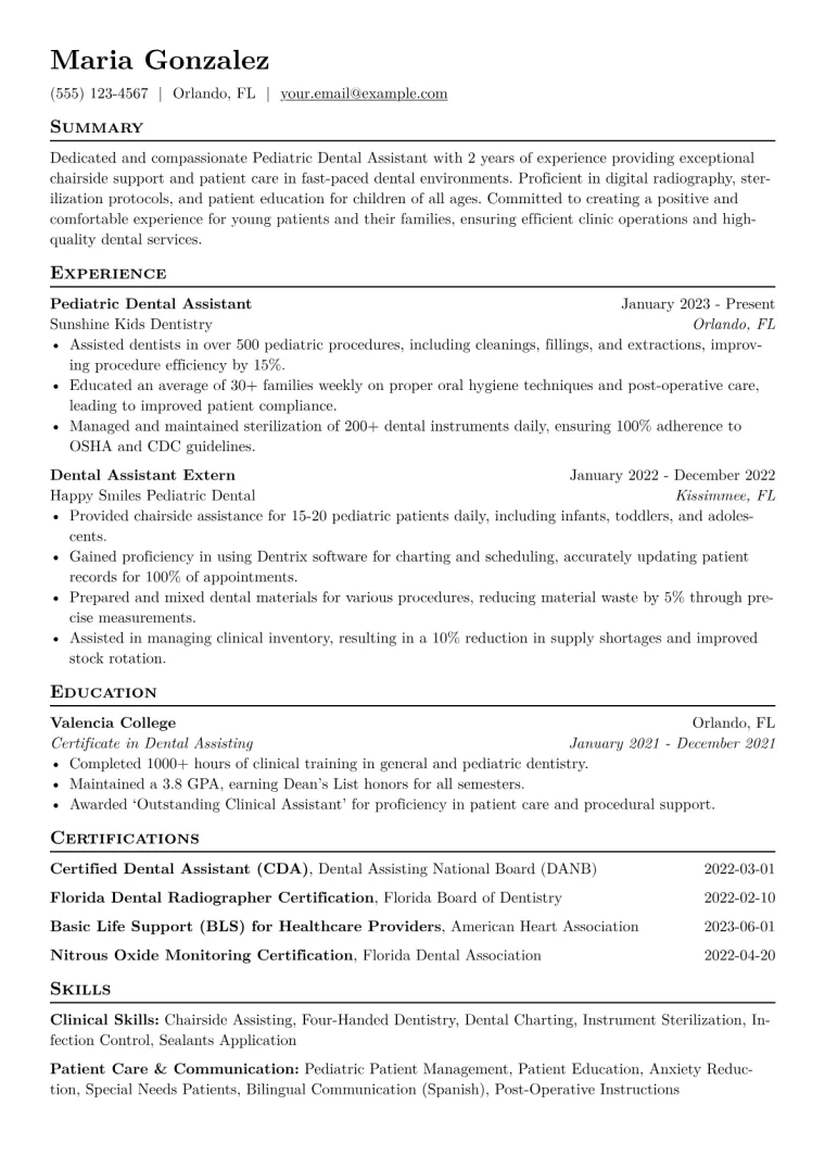 Pediatric Dental Assistant Resume Example CV template preview