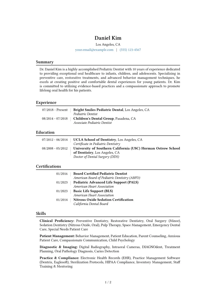 Pediatric Dentist Resume Example CV template preview