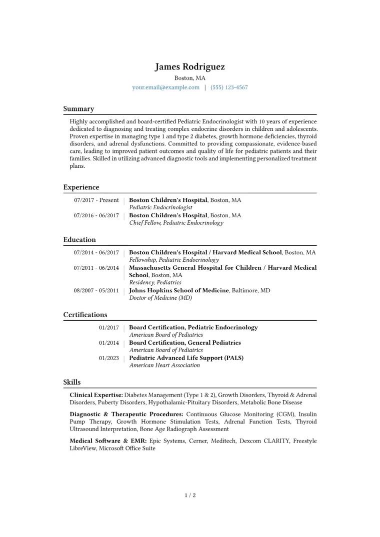 Pediatric Endocrinologist Resume Example CV template preview