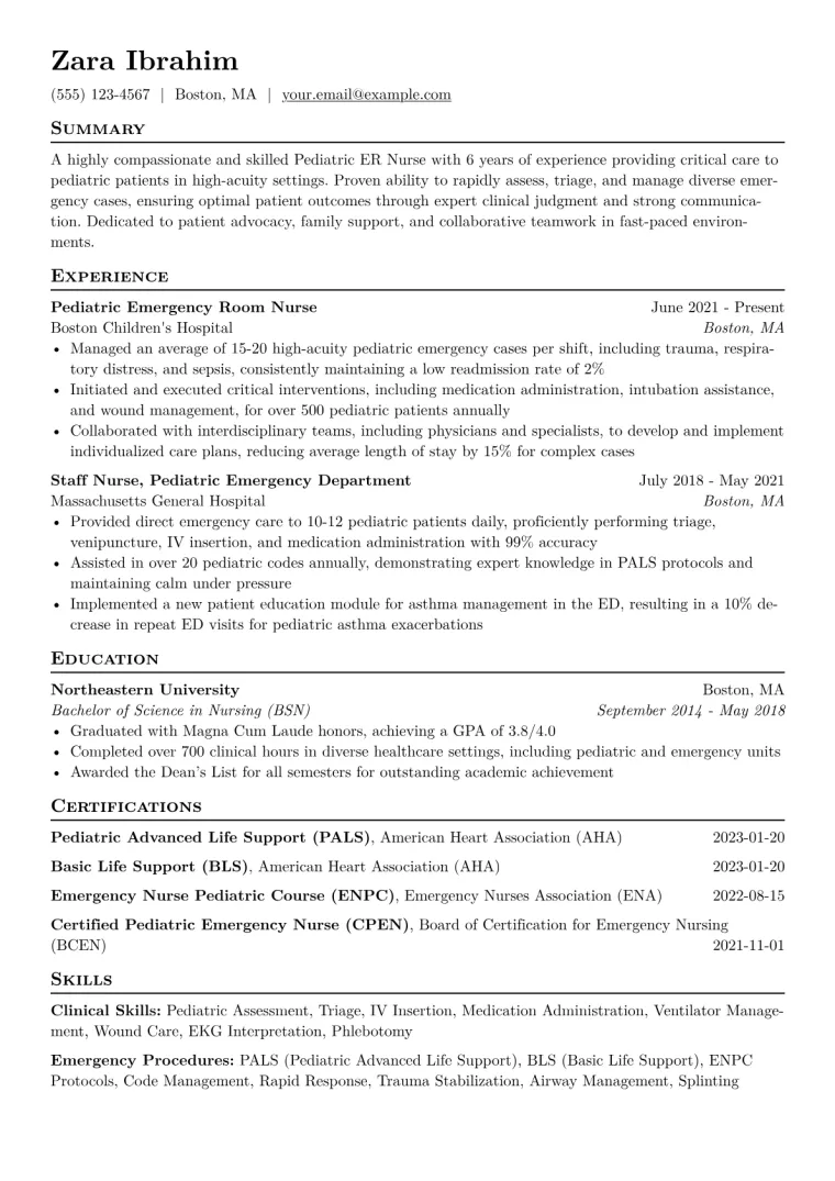 Pediatric ER Nurse Resume Example CV template preview