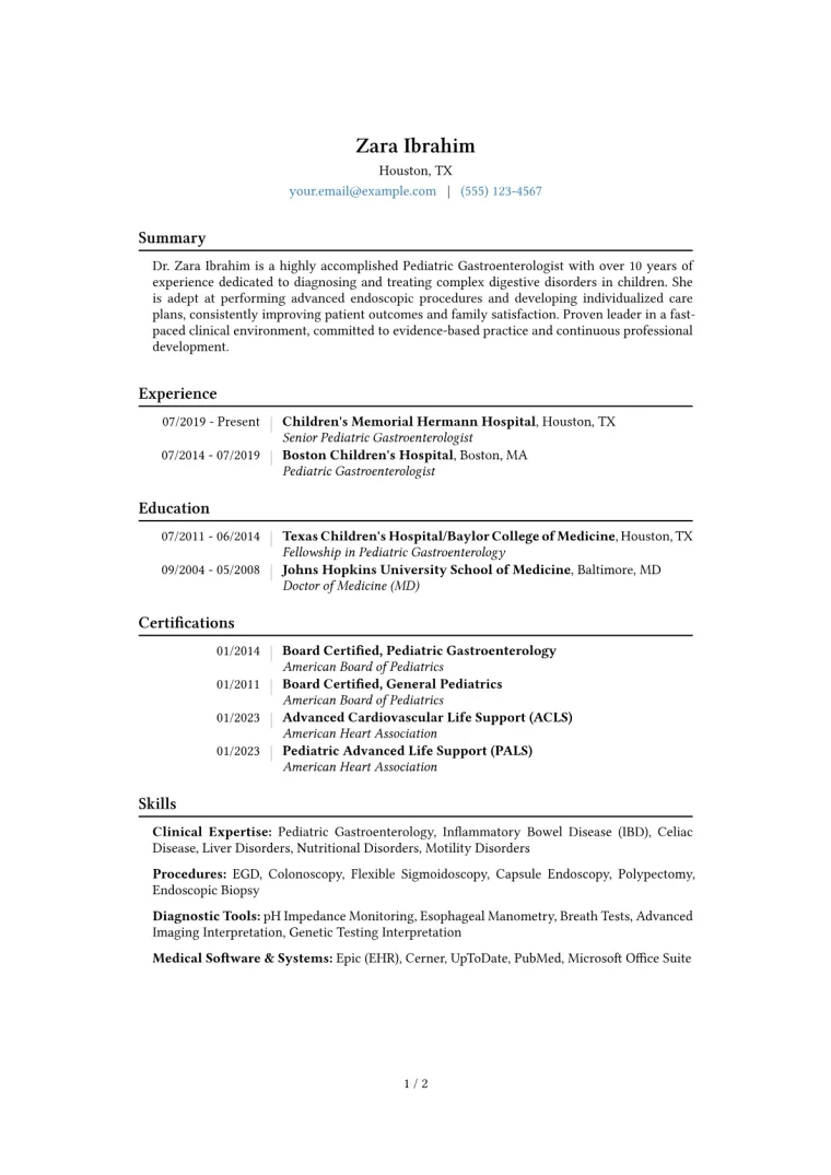 Pediatric Gastroenterologist Resume Example CV template preview