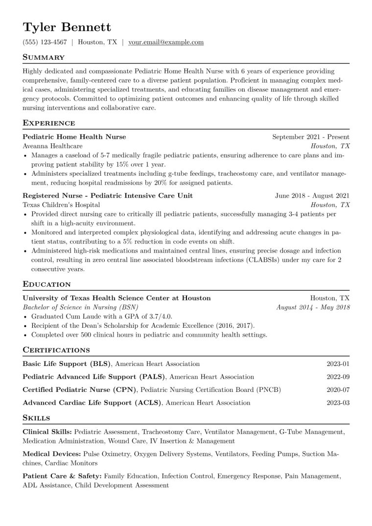 Pediatric Home Health Nurse Resume Example CV template preview