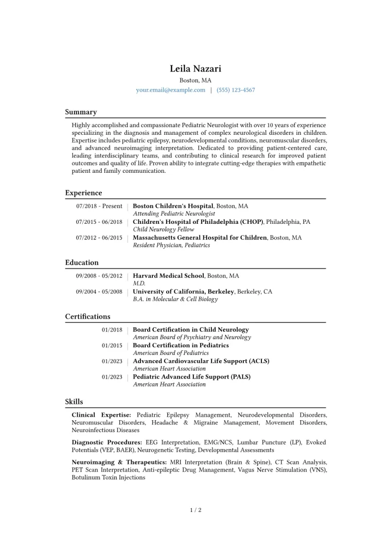 Pediatric Neurologist Resume Example CV template preview