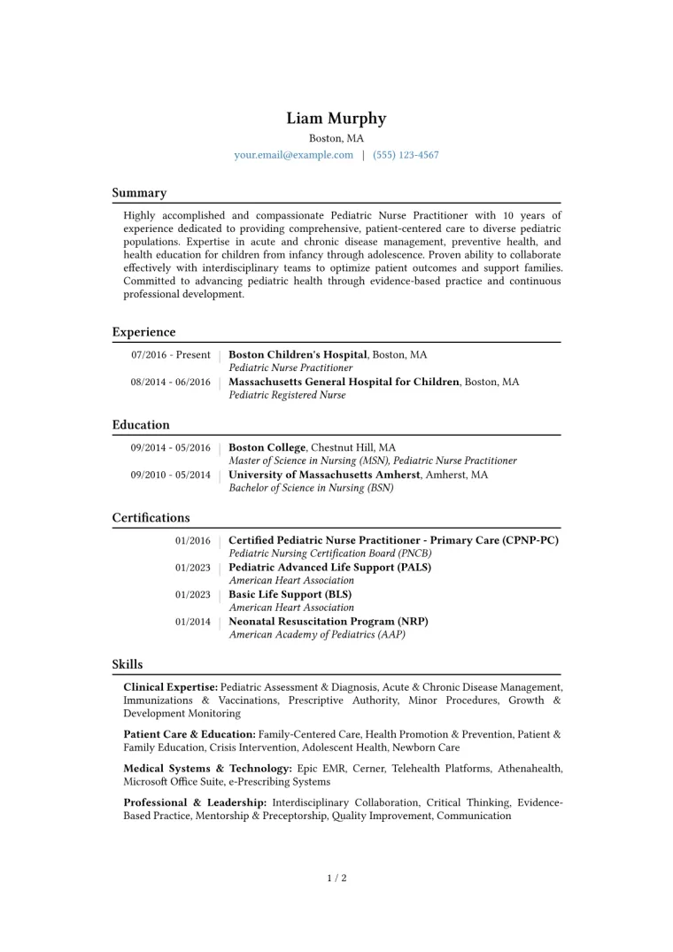 Pediatric Nurse Practitioner Resume Example CV template preview