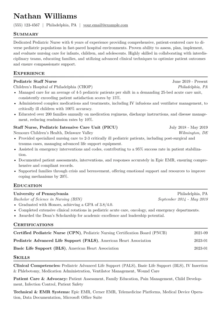 Pediatric Nurse Resume Example CV template preview