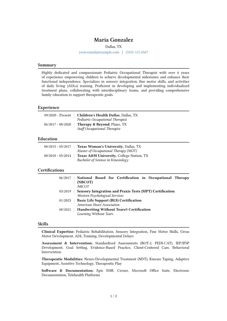 Pediatric Occupational Therapist Resume Example CV template preview