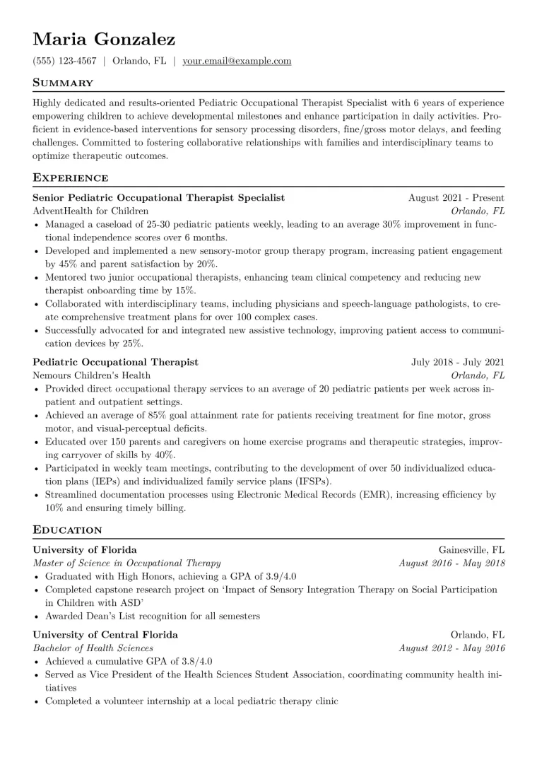 Pediatric Occupational Therapist Specialist Resume Example CV template preview