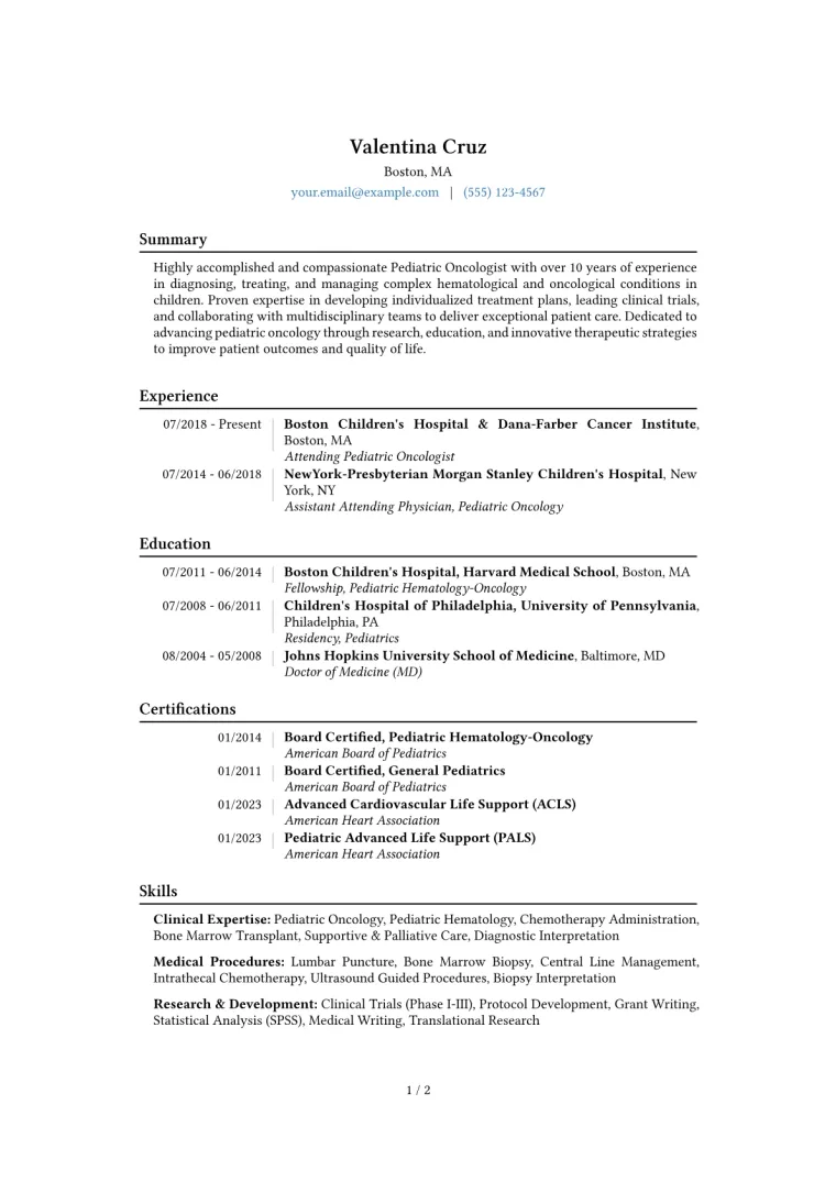Pediatric Oncologist Resume Example CV template preview