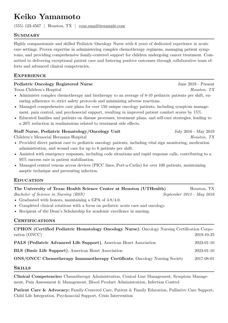 Pediatric Oncology Nurse Resume Example CV template preview