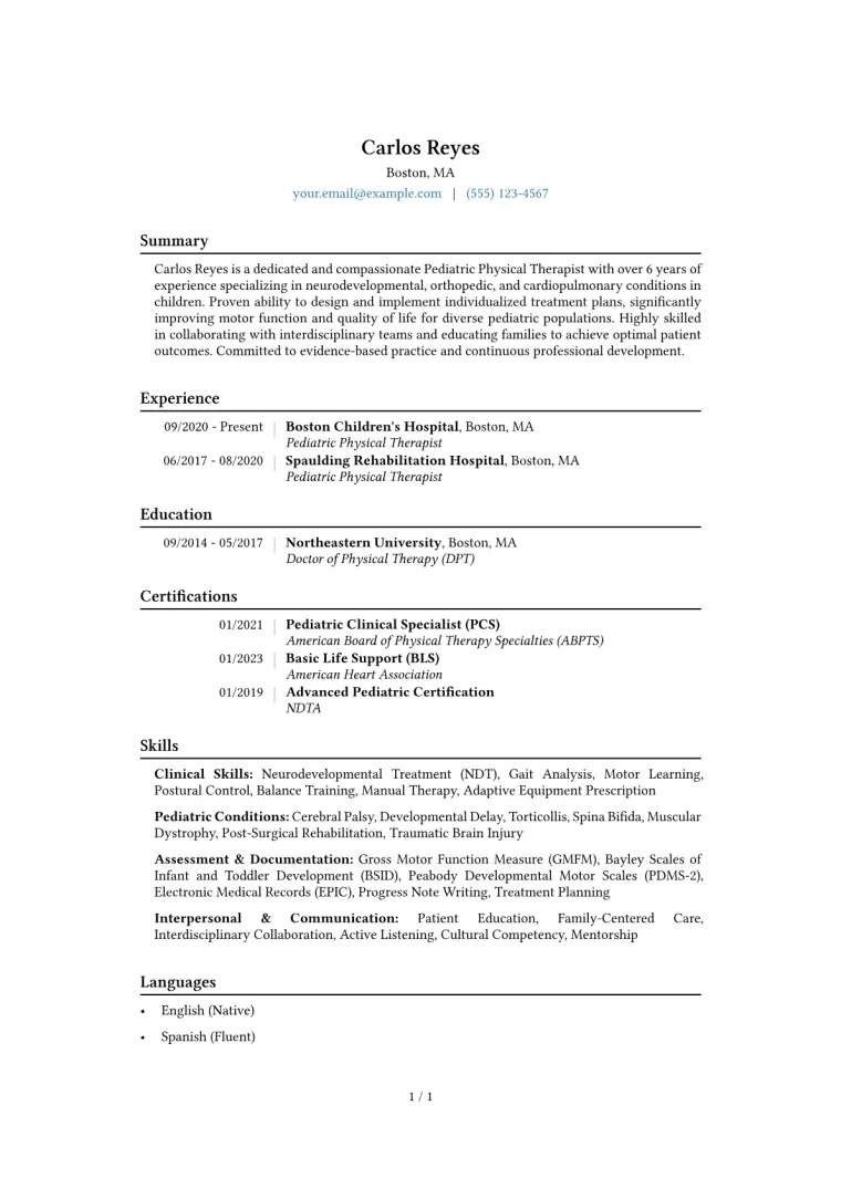 Pediatric Physical Therapist Resume Example CV template preview
