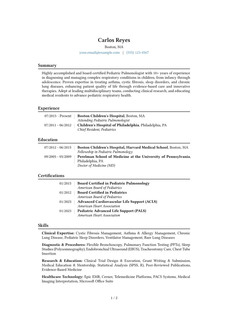 Pediatric Pulmonologist Resume Example CV template preview