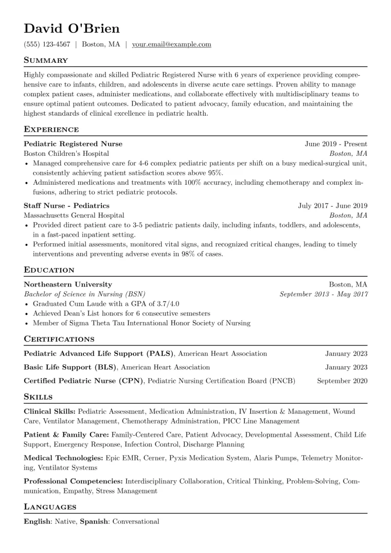 Pediatric Registered Nurse Resume Example CV template preview