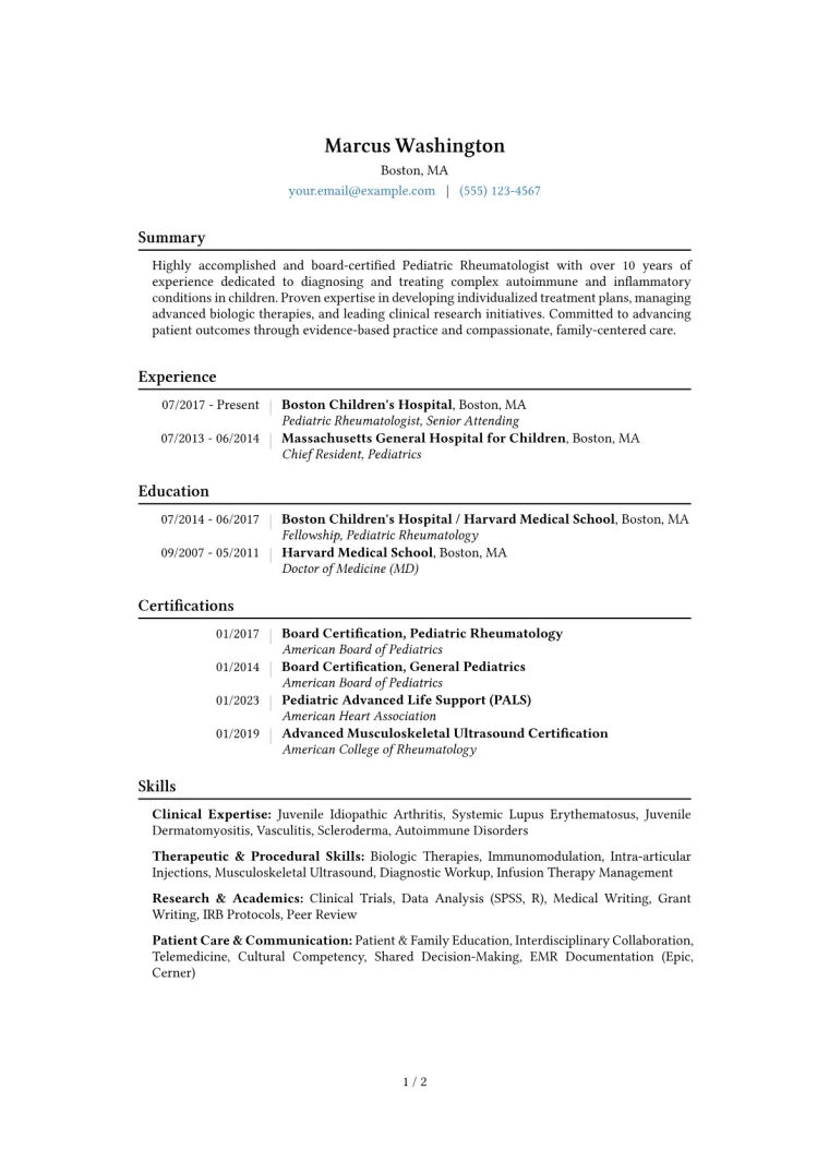 Pediatric Rheumatologist Resume Example CV template preview