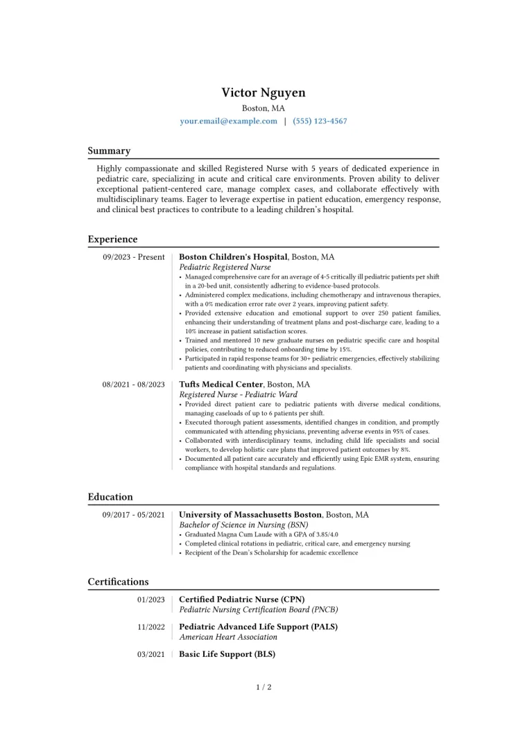 Pediatric RN Resume Example CV template preview
