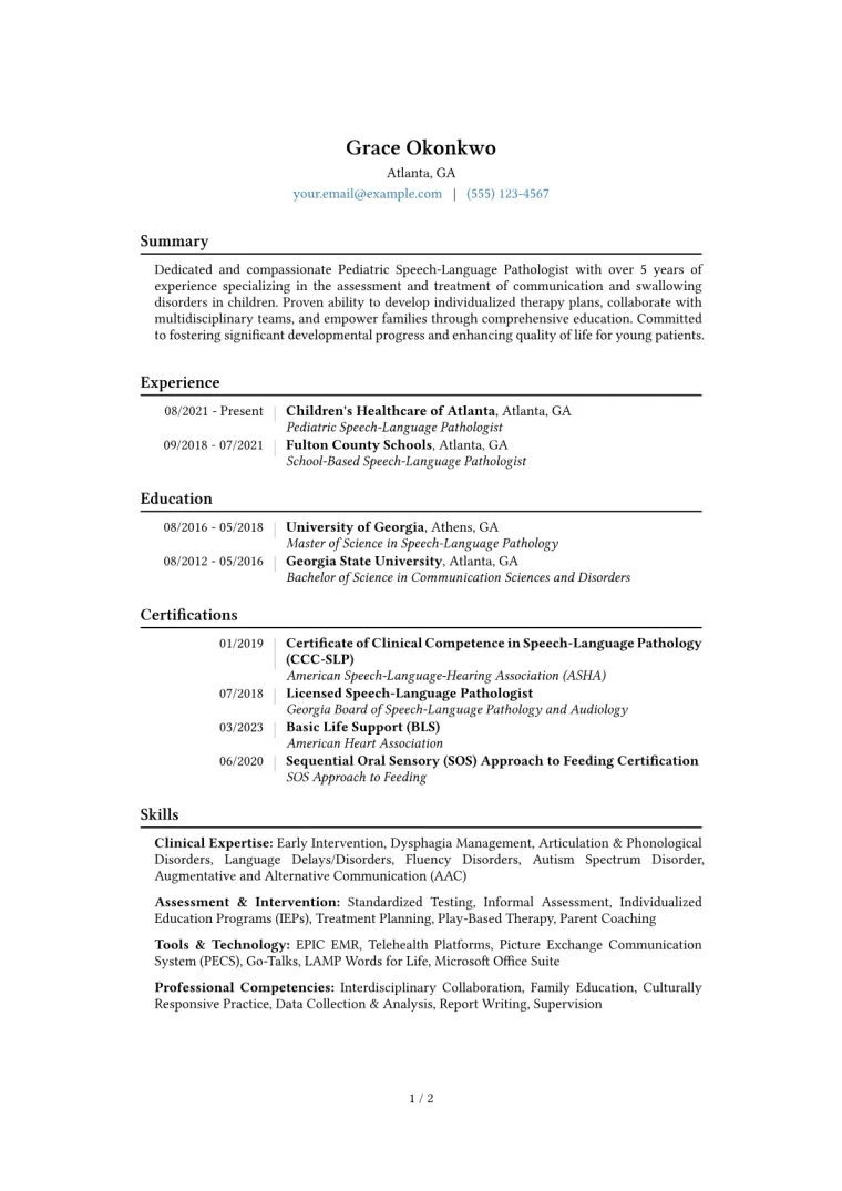 Pediatric Speech Therapist Resume Example CV template preview