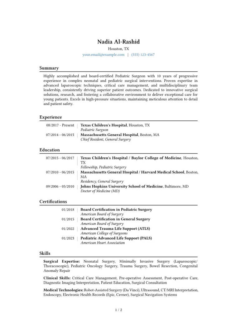 Pediatric Surgeon Resume Example CV template preview