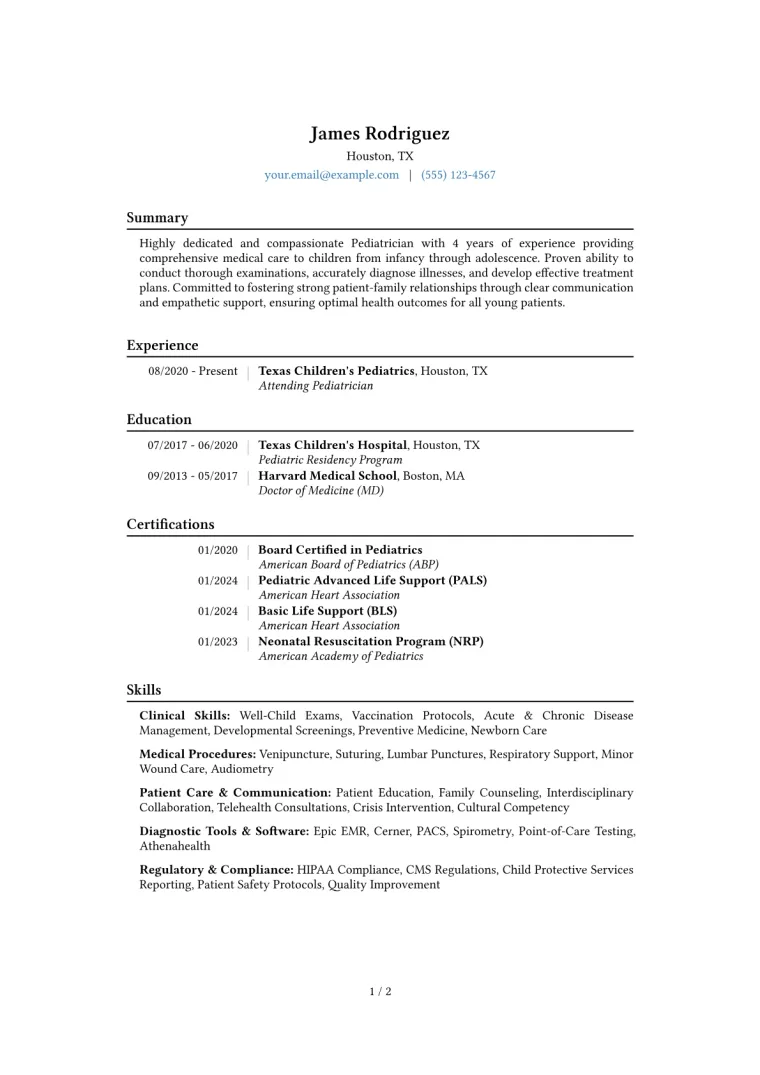 Pediatrician Resume Example CV template preview