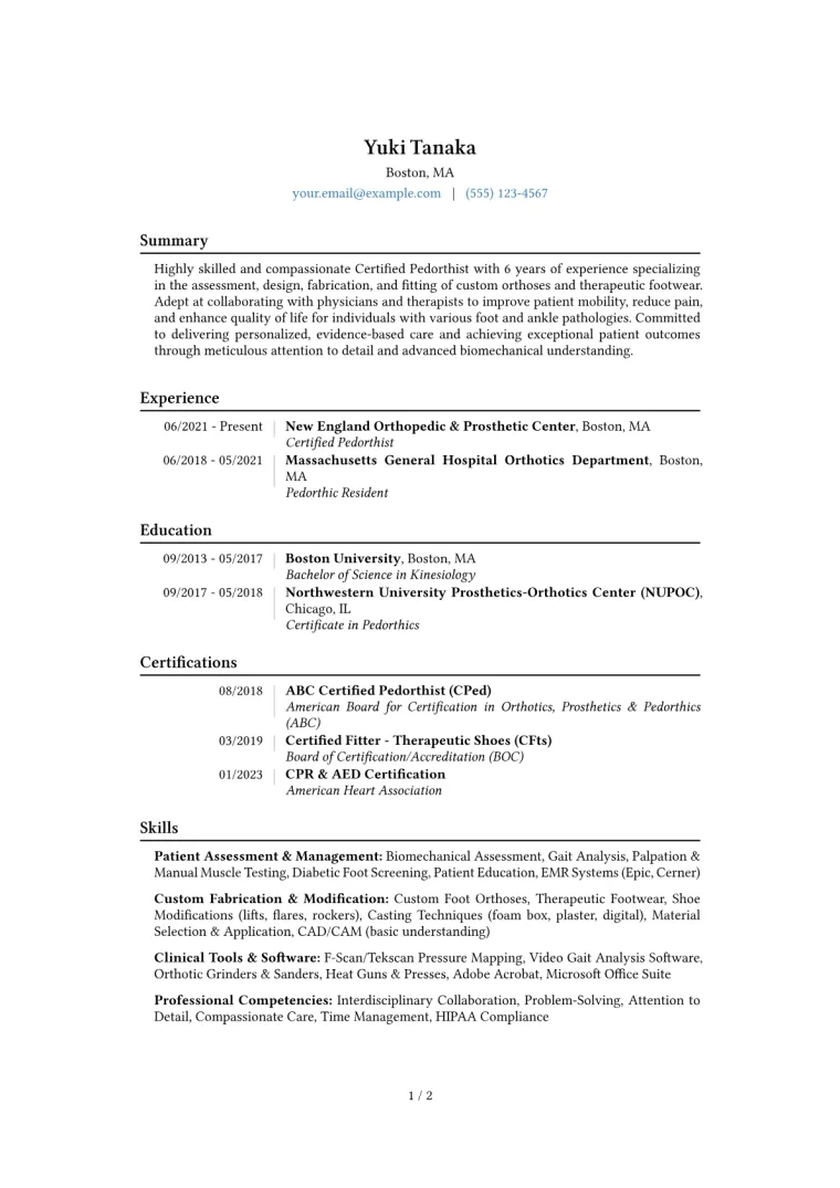 Pedorthist Resume Example CV template preview