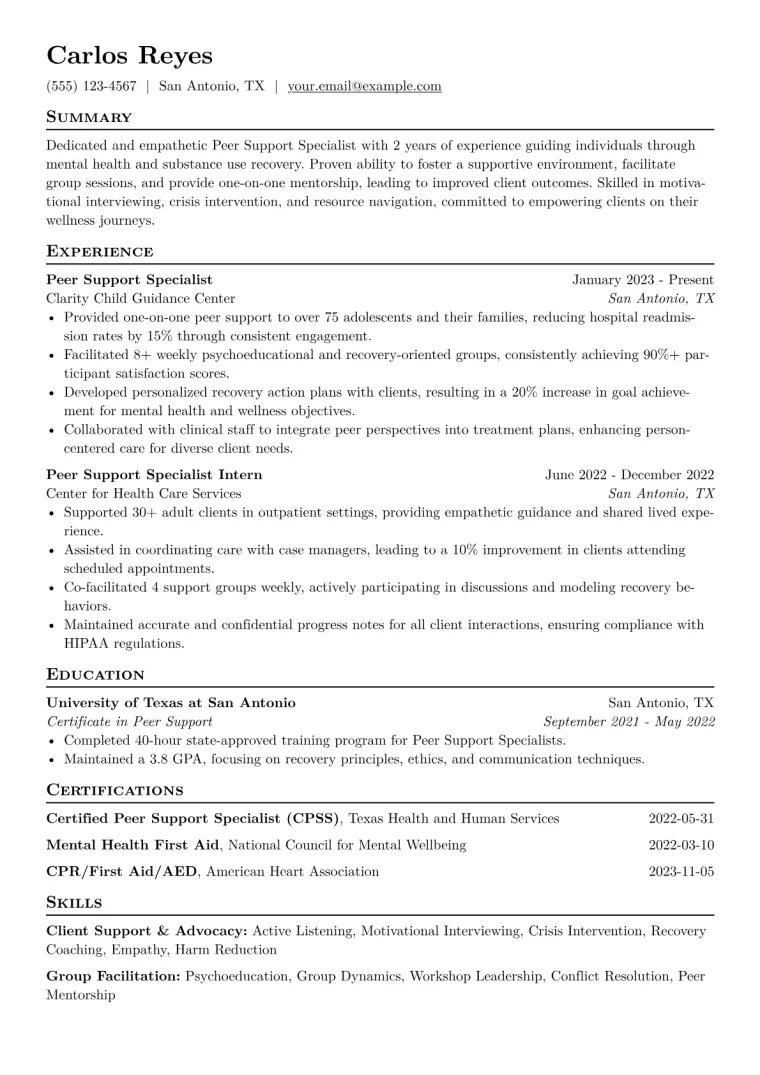 Peer Support Specialist Resume Example CV template preview