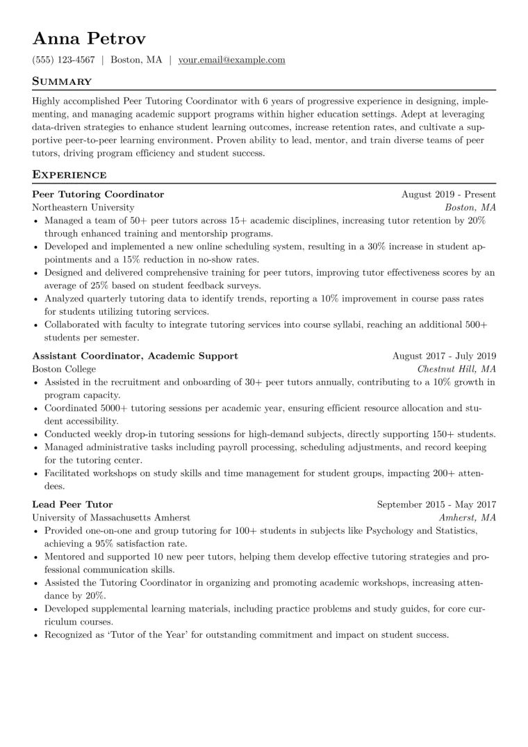 Peer Tutoring Coordinator Resume Example CV template preview