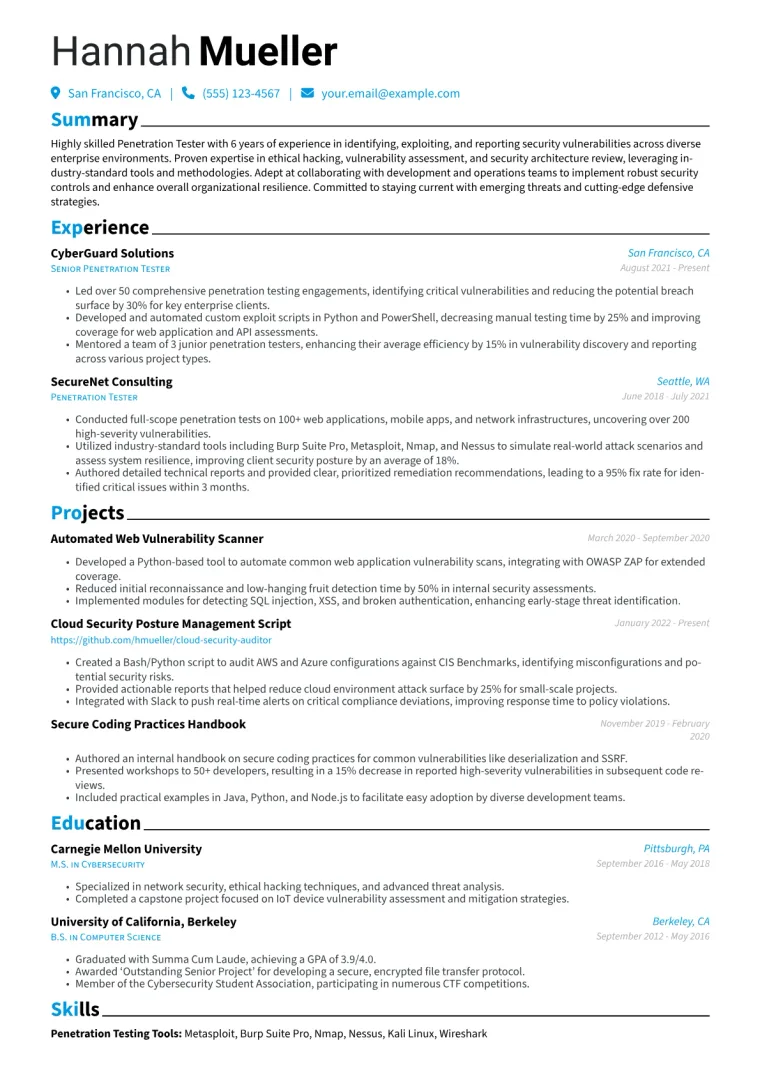 Penetration Tester Resume Example CV template preview