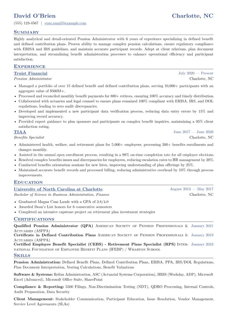 Pension Administrator Resume Example CV template preview
