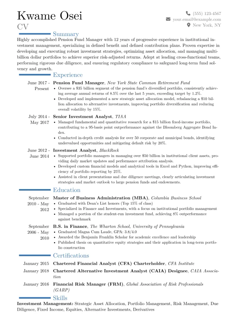 Pension Fund Manager Resume Example CV template preview