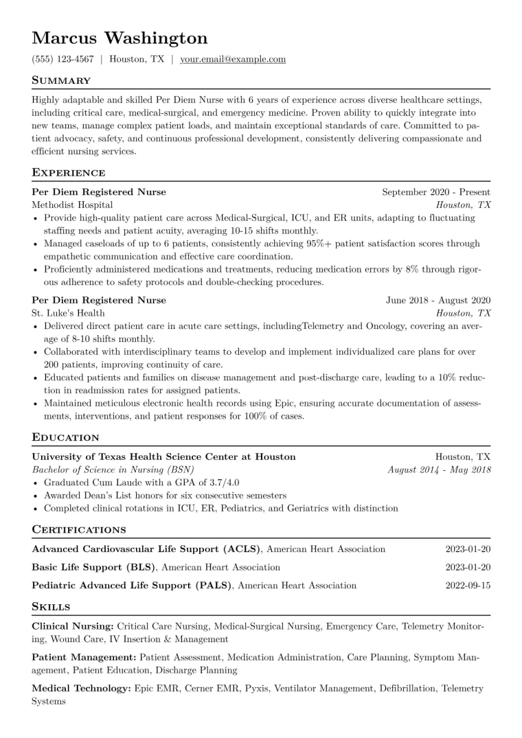 Per Diem Nurse Resume Example CV template preview
