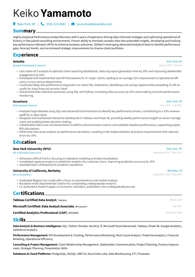 Performance Analyst Business Resume Example CV template preview