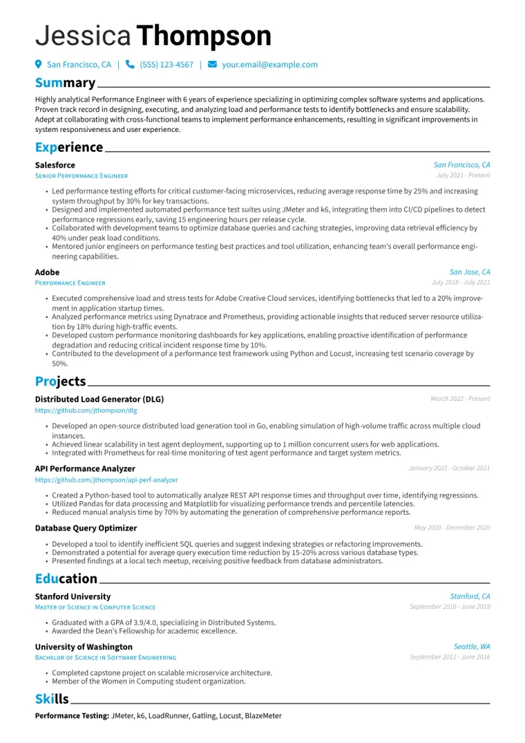 Performance Engineer Resume Example CV template preview