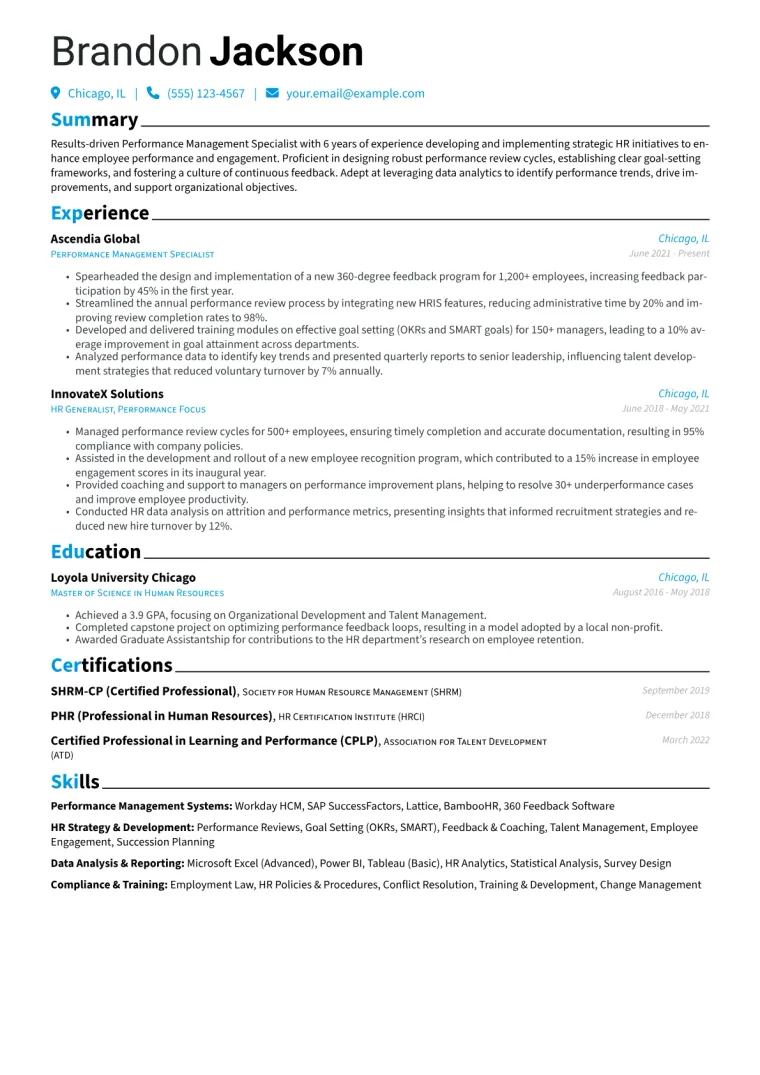 Performance Management Specialist Resume Example CV template preview