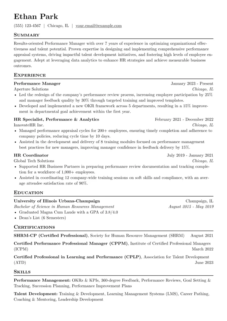 Performance Manager Resume Example CV template preview