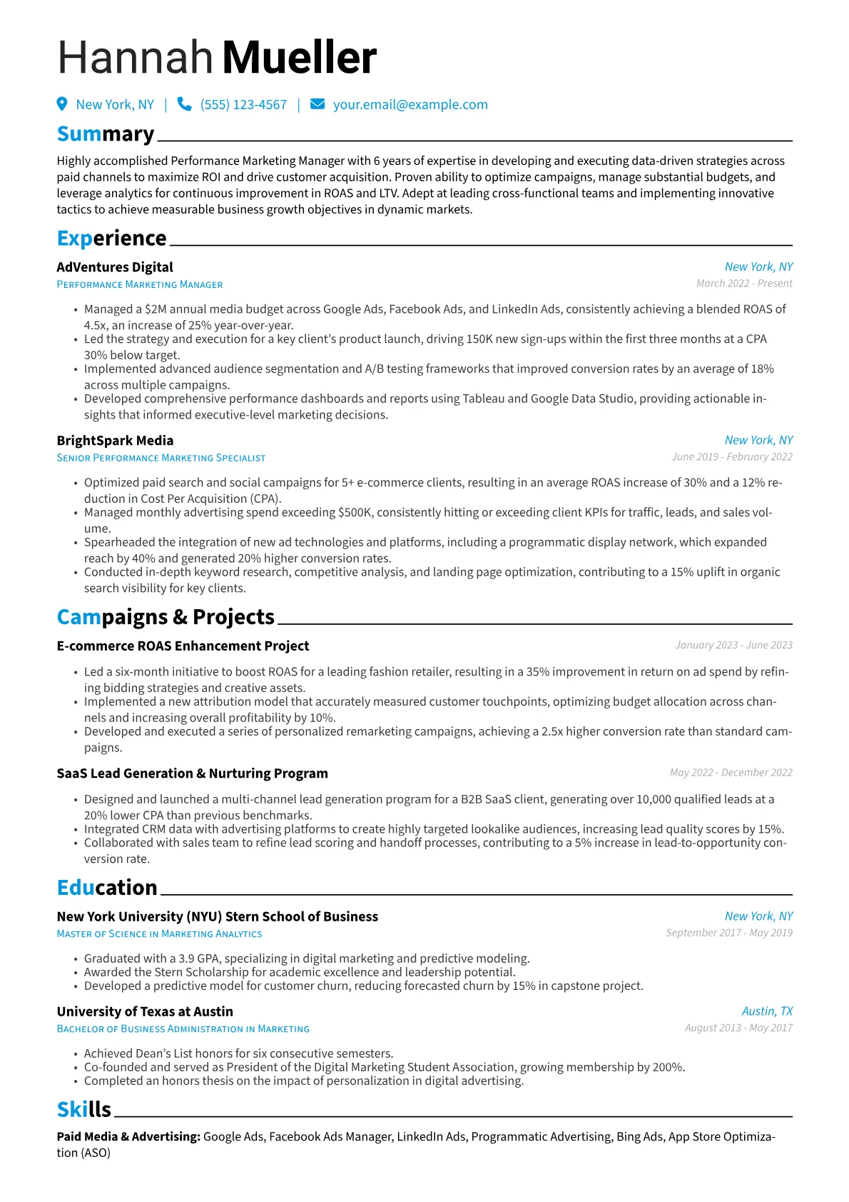 Performance Marketing Manager resume example, page 1