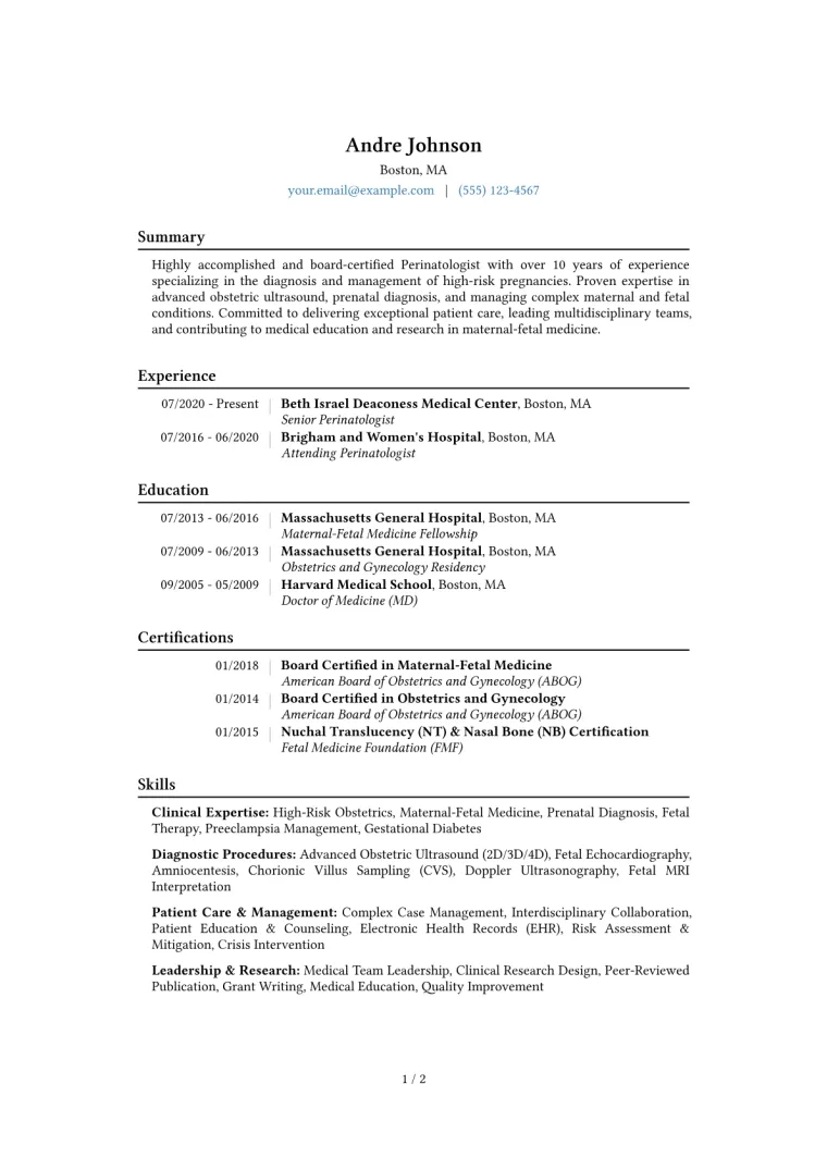 Perinatologist Resume Example CV template preview