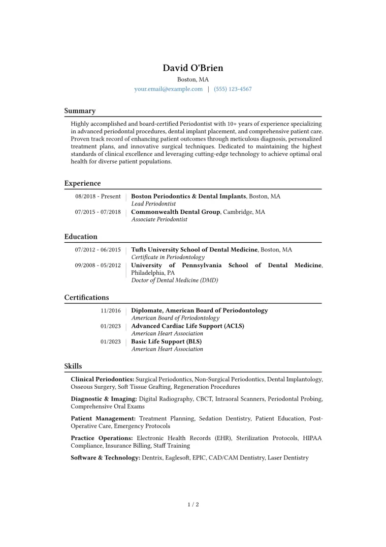 Periodontist Resume Example CV template preview