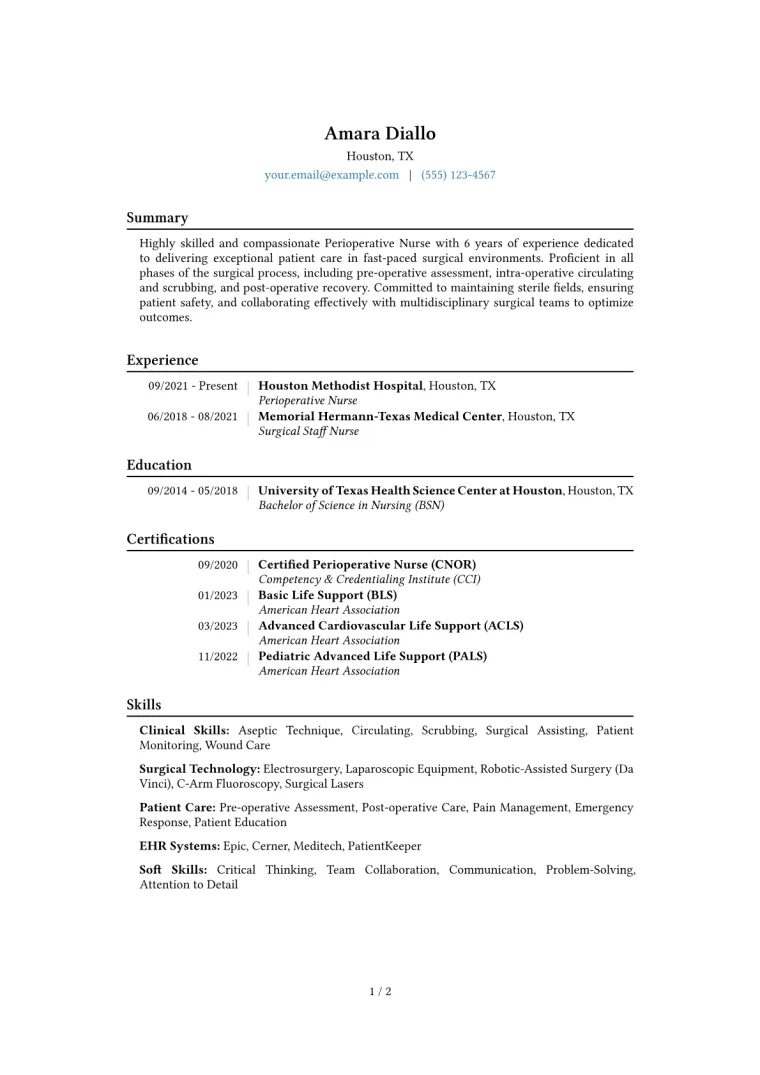 Perioperative Nurse Resume Example CV template preview