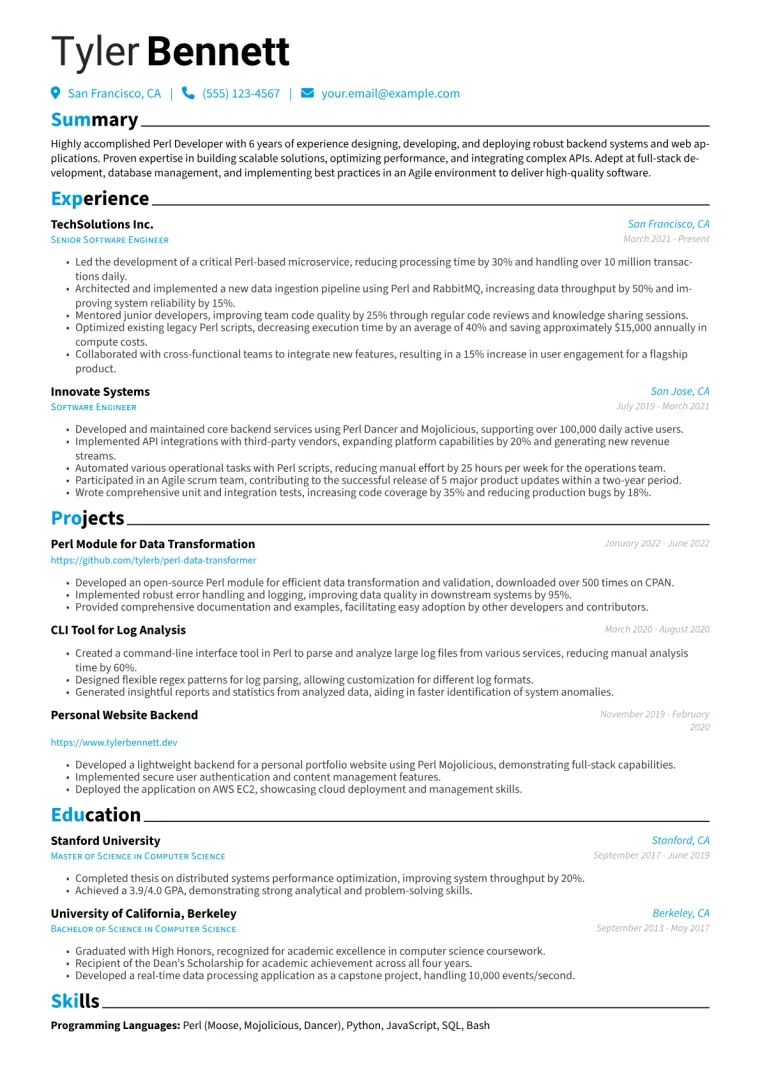 Perl Developer Resume Example CV template preview