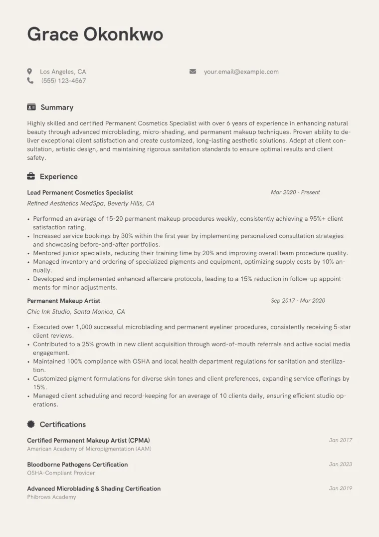 Permanent Cosmetics Specialist Resume Example CV template preview