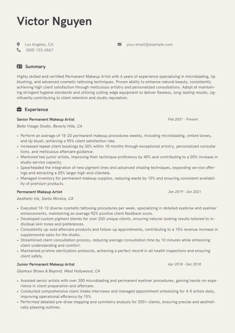 Permanent Makeup Artist Resume Example CV template preview